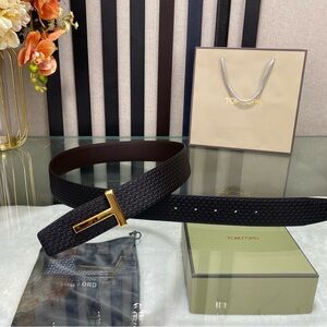 Tom Ford Woven Black Belt with Gold Buckle